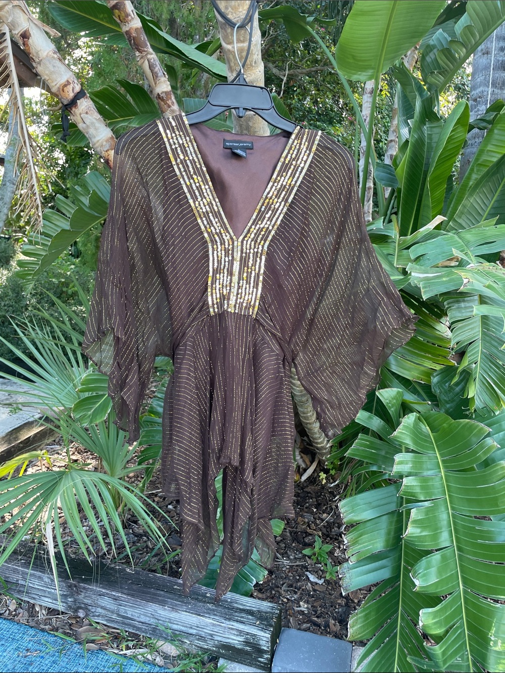 Gold, metallic and brown, pure silk top with handkerchief, hem, and sequins